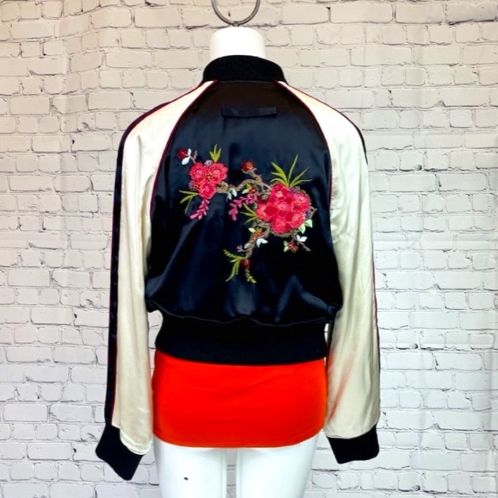 5/48 Black and Cream Silk Bomber Jacket with Embroidery, Medium